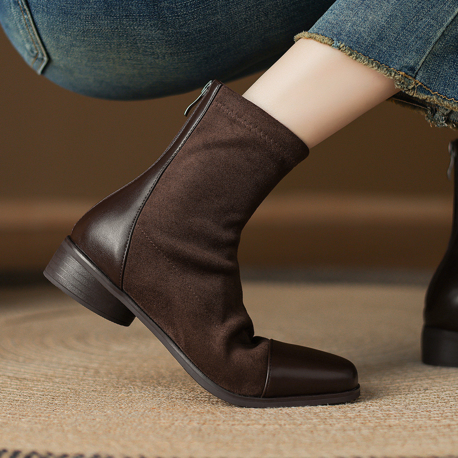 ladyblack方头粗中跟弹力瘦瘦靴女秋冬大码后拉链拼接短靴子41-43,女鞋,弹力靴/袜靴,淘宝优惠券,粉丝福利购,淘宝优惠卷