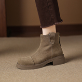 ladyblack 磨砂牛皮粗中跟短靴女秋冬后拉链显瘦大码 马丁靴子4142