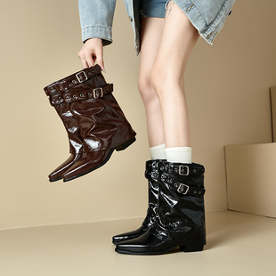 ladyblack皮带扣骑士靴女中筒尖头粗跟西部靴大小码机车短靴41-43