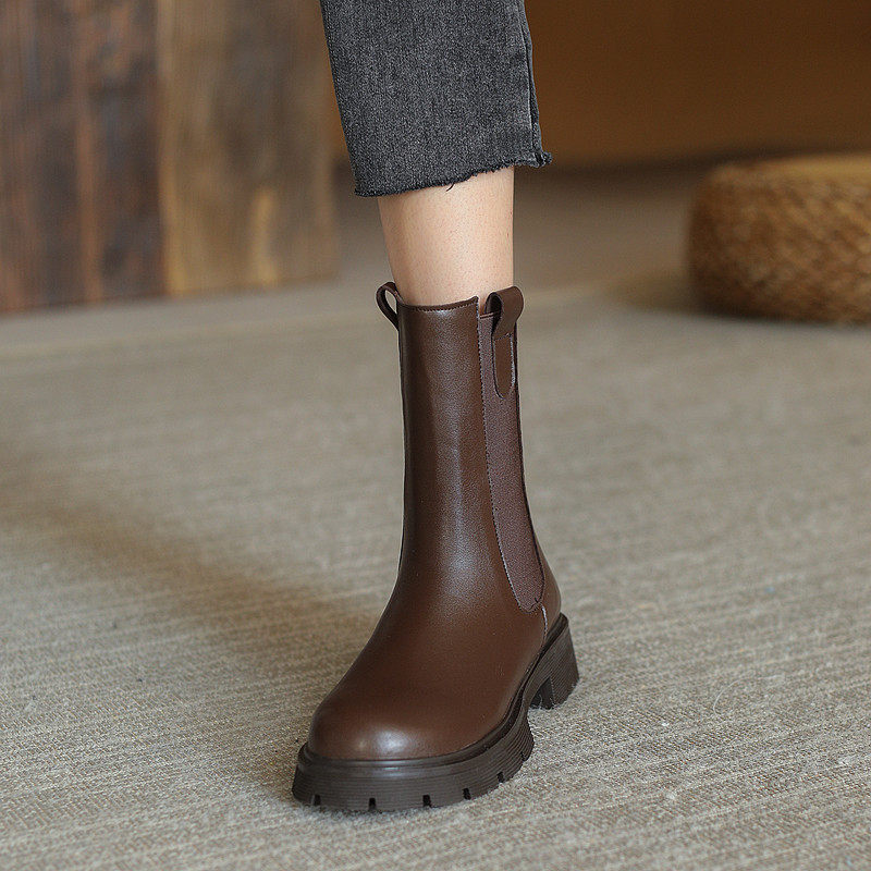ladyblack圆头后拉链中筒靴女秋冬厚底中跟烟筒切尔西靴大码41-43,女鞋,烟筒靴,淘宝优惠券,粉丝福利购,淘宝优惠卷