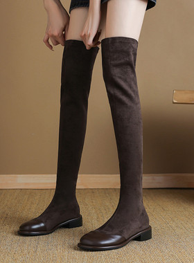 ladyblack粗中跟拼接弹力瘦瘦靴过膝绒面显瘦长靴女3340大码41-43