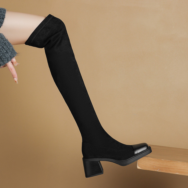 粗高跟方头显瘦弹力瘦瘦长靴女