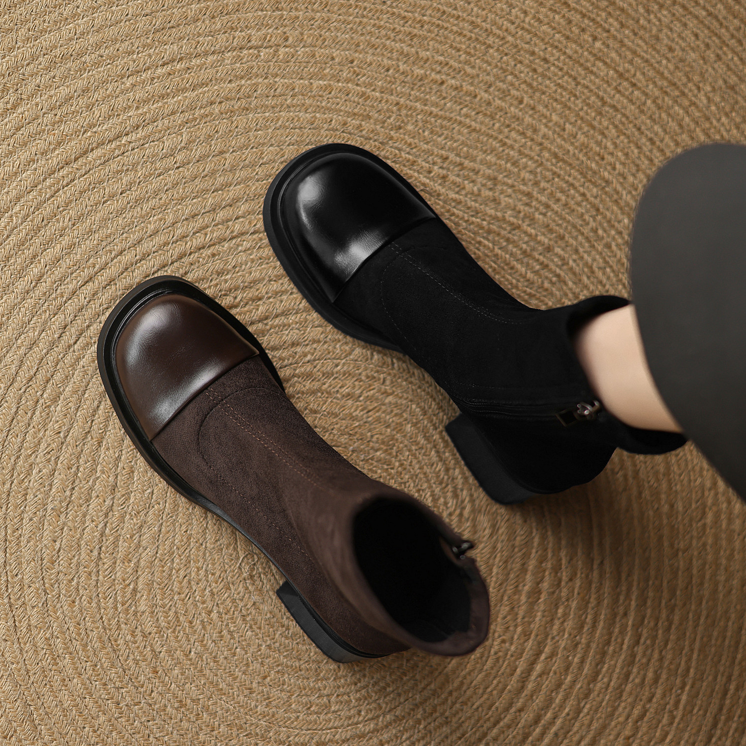 绒面拼接侧拉链弹力瘦瘦单靴女