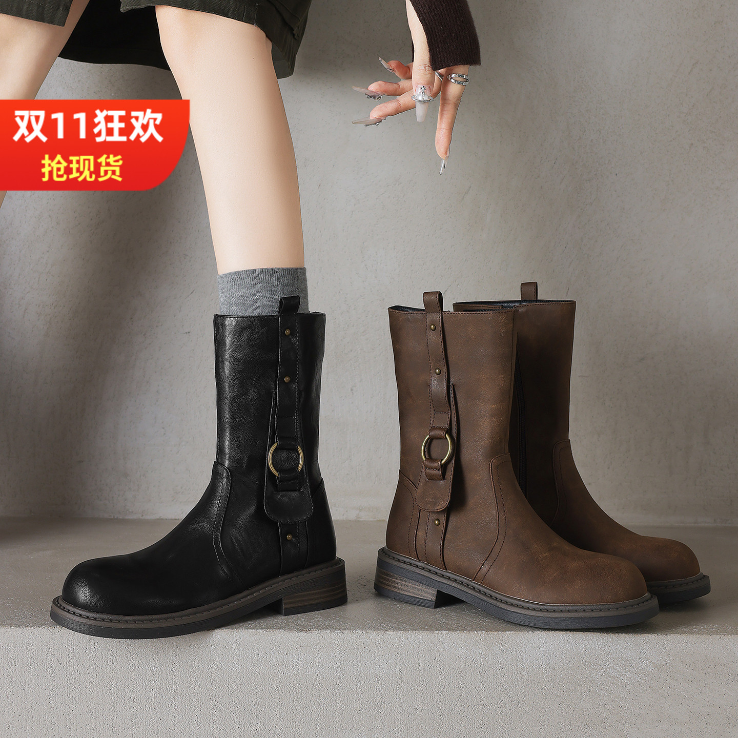 秋冬大码低跟西部骑士靴41-43女