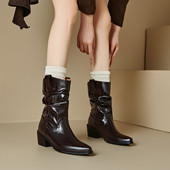 ladyblack美拉德棕色骑士靴女尖头堆堆靴高跟32大小码 中筒靴41