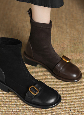 ladyblack绒面拼接皮带扣套筒弹力瘦瘦靴女粗中跟短靴大码子41-43