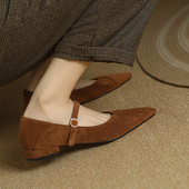 ladyblack粗低跟尖头浅口超软复古一字扣带玛丽珍单鞋 女大码