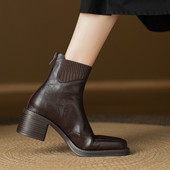 ladyblack袜子拼接瘦瘦短靴女秋冬粗高跟复古后拉链大码 单靴41