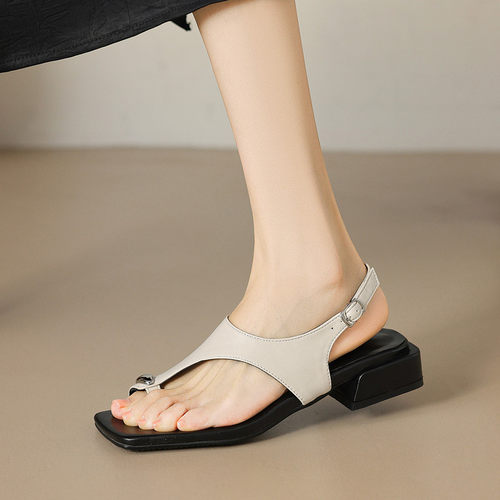 后绑带露趾夏季中粗跟凉鞋女大码