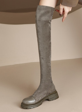 ladyblack 334041大码弹力绒面长靴女秋冬圆头厚底中跟显瘦过膝靴