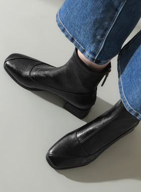 ladyblack方头粗中跟弹力瘦瘦靴女秋冬后拉链短靴3233大小码41-43