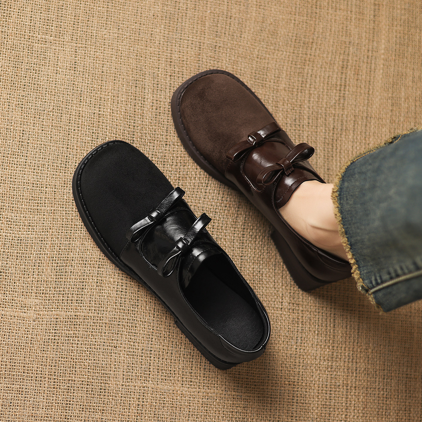 ladyblack深口单鞋女蝴蝶结圆头粗中跟拼接一脚蹬大码乐福鞋41-43,女鞋,乐福鞋（豆豆鞋）,淘宝优惠券,粉丝福利购,淘宝优惠卷