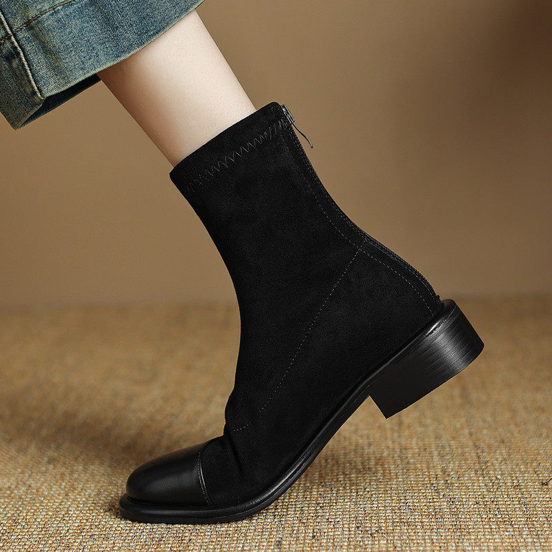 ladyblack大码单靴41-43粗中跟后拉链弹力拼接显瘦复古百搭短靴女,女鞋,弹力靴/袜靴,淘宝优惠券,粉丝福利购,淘宝优惠卷