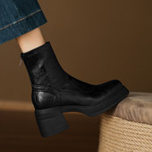 ladyblack厚底防水台粗高跟后拉链单靴子秋冬弹力大码 短靴女41