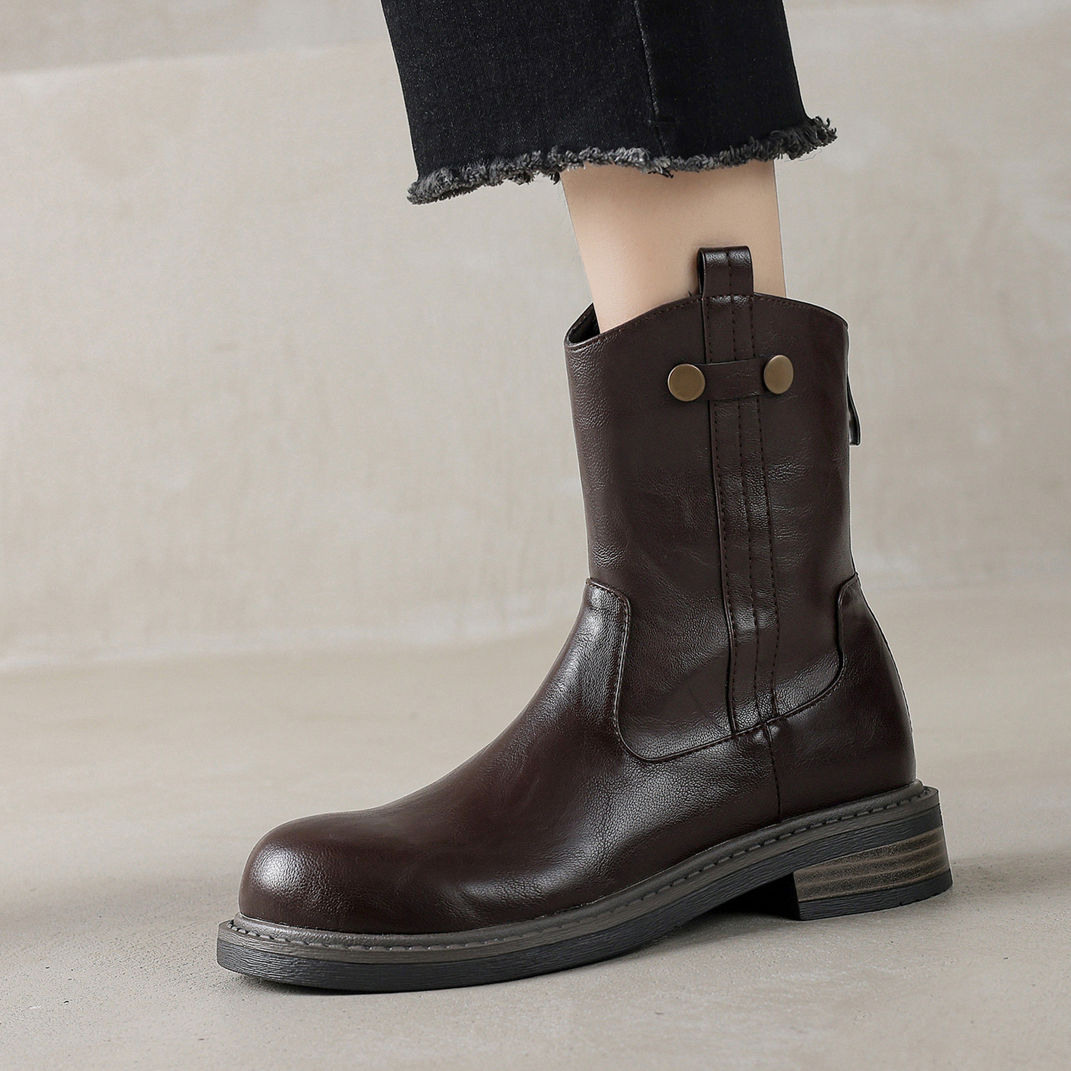 厚底中跟后拉链西部短靴女春秋