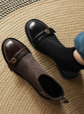 ladyblack粗中跟绒面拼接显瘦弹力短靴女秋冬套筒大码单靴子41-43