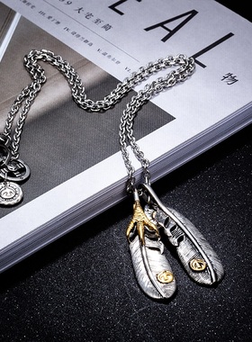 高桥羽毛项链潮牌男个性双吊坠太角链百搭翅膀吊坠钛钢装饰毛衣链
