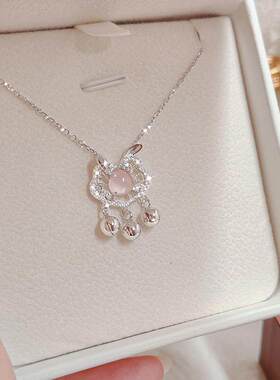 S纯银平安锁项链女粉水晶