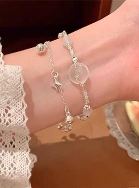 999纯银白玉髓平安扣双层碎银手炼女款2025新款轻奢小众精致手饰