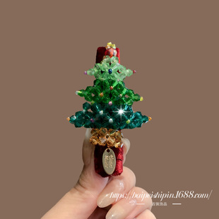 串珠水钻圣诞树可爱手工发夹新款 设计感氛围感发饰节日可爱发夹女