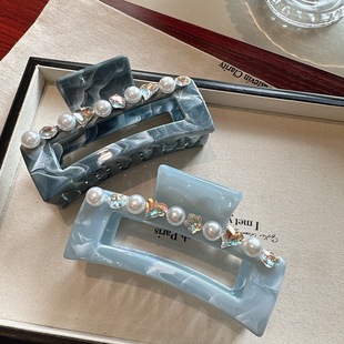 韩国级感雾霾蓝亚克力水钻抓夹大号方形鲨鱼夹后脑勺盘发夹头饰