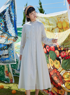 一城画一秋季简约时尚收腰显瘦气质文艺立领长款连衣裙14113A034