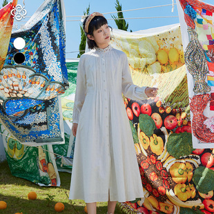 一城画一秋季简约时尚收腰显瘦气质文艺立领长款连衣裙14113A034