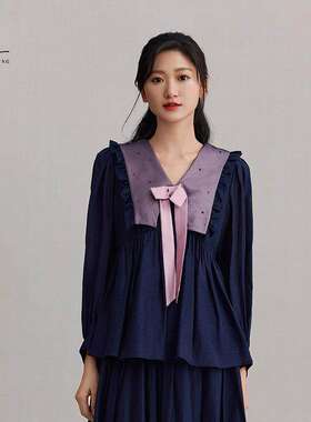 一城画一新款减龄蝴蝶结V领设计长袖中款时尚衫女上衣