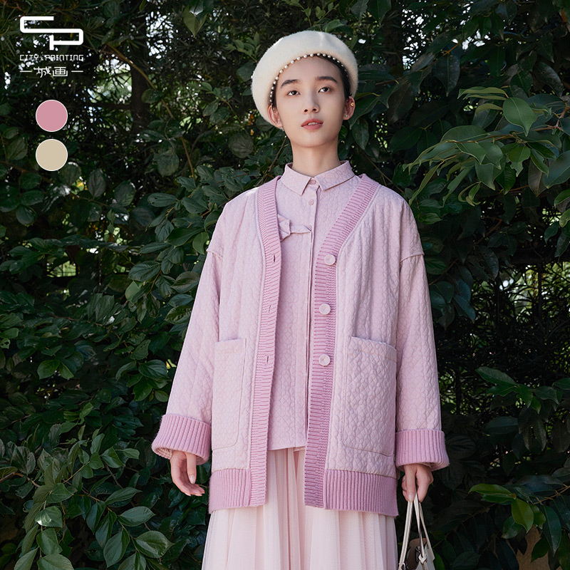 一城画一冬季新款宽松文艺简约时尚百搭毛梭拼接棉服短款外套