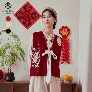 马甲毛织马夹14111H019 文艺绑带蝴蝶结短款 一城画一秋季 V领时尚