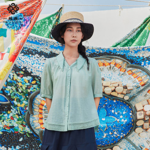 轻薄柔软天丝短袖 衬衫 小翻领衬衣绿色 百搭薄短款 一城画一夏季