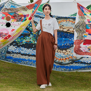 长裤 一城画一夏季 复古文艺气质通勤腰部系带设计阔腿背带裤