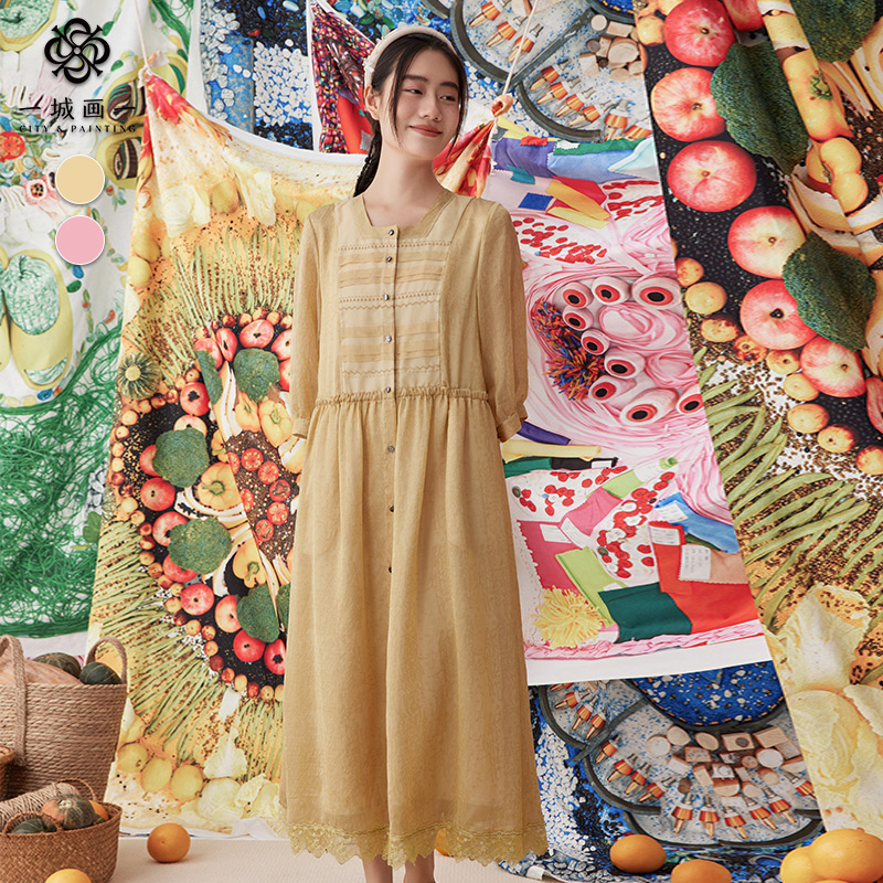 夏季小方领下摆拼接蕾丝连衣裙