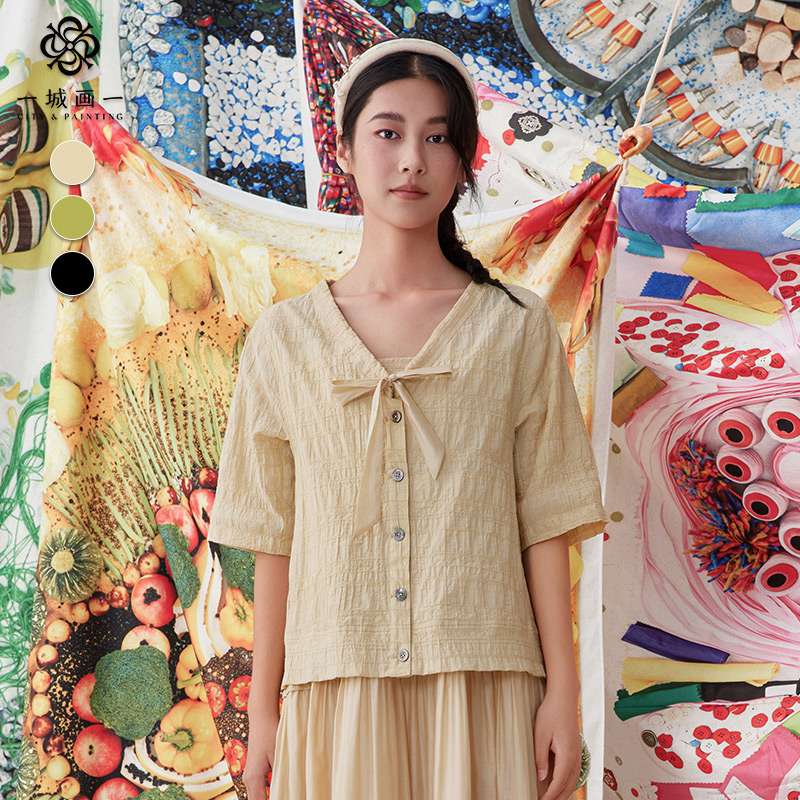 一城画一夏季复古休闲提花条纹V领系带五分袖短款外套女