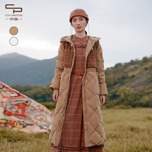 一城画一冬季新款复古简约保暖百搭拼接连帽H型长款鸭绒羽绒