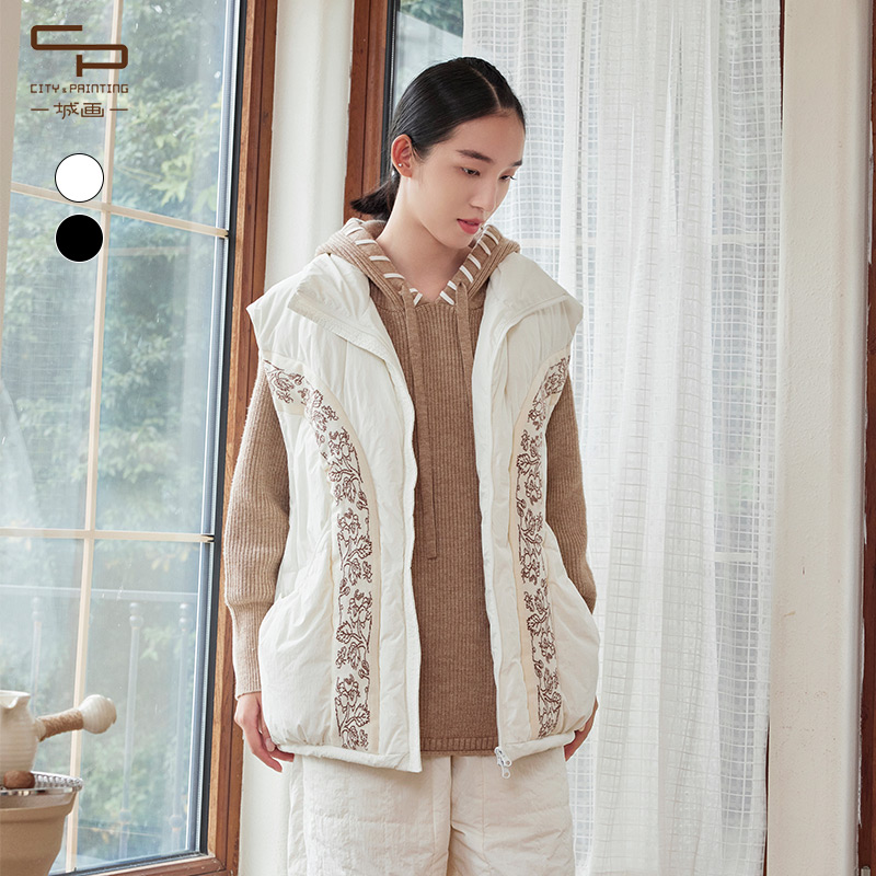 一城画一冬季新款文艺复古宽松提花针织拼接立领无袖羽绒马甲