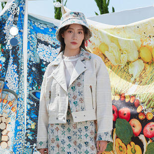 一城画一秋季简约宽松文艺休闲翻驳领设计牛仔外套女14131B228