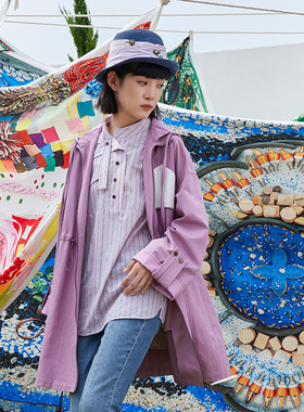 一城画一秋季垂感显瘦宽松减龄抽绳连帽设计中款风衣女14121E220