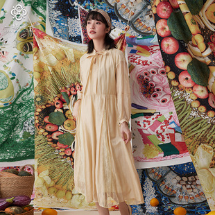 一城画一秋季简约蝴蝶结内褶蕾丝长款连衣裙早秋连衣裙法式连衣裙