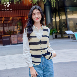 一城画一新款时尚宽松休闲V领气质百搭短款毛织马甲女