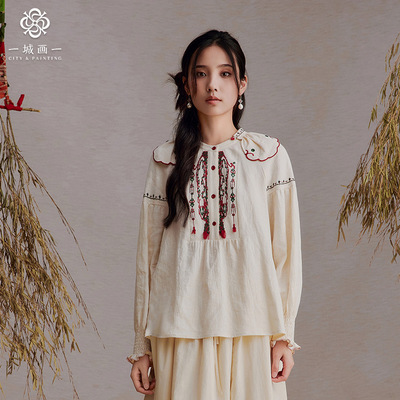 一城画一冬季复古文艺范短款衫套头棉麻长袖上衣女14411O203