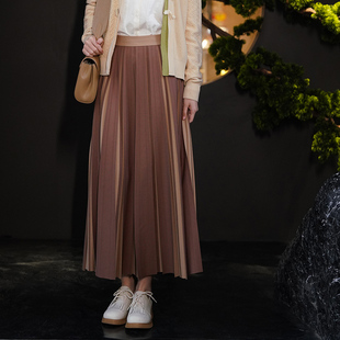 一城画一春季复古文艺范高腰百褶裙间色长款半裙中长裙咖条/绿条