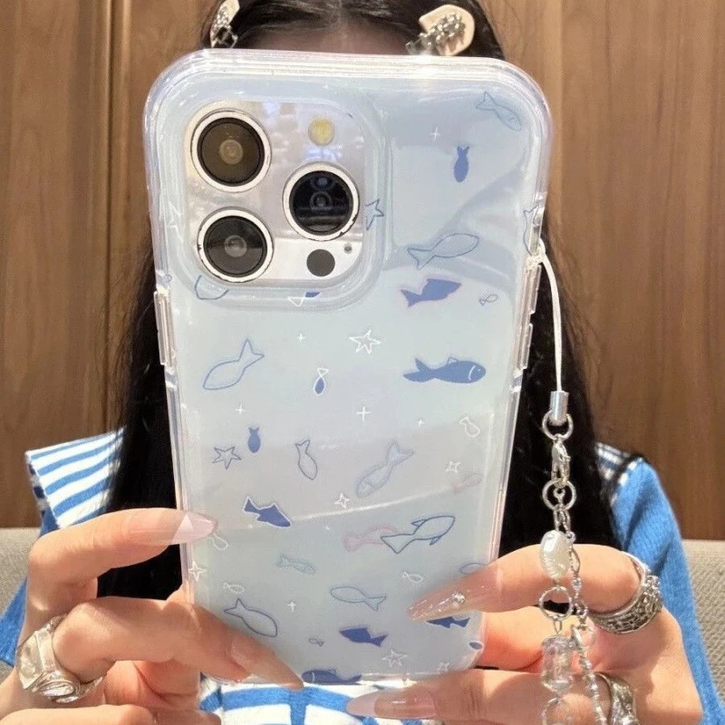 线条蓝色鱼适用苹果17promax大孔手机壳iPhone17pro双层16/15/14/13pro女款vivo华为P70小米15oppo防摔保护套