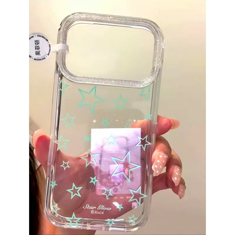满屏薄荷绿五角星适用苹果17promax闪粉手机壳iPhone16pro新款15/14/13/12/11透明vivo华为p70小米15oppo女款