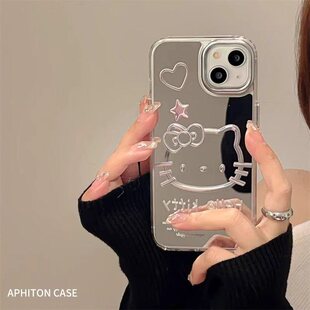 粉线条kt头像适用苹果17promax英文镜面手机壳iPhone16/15/14pro全包防摔16/15/14plus高级14/13/12/11保护套