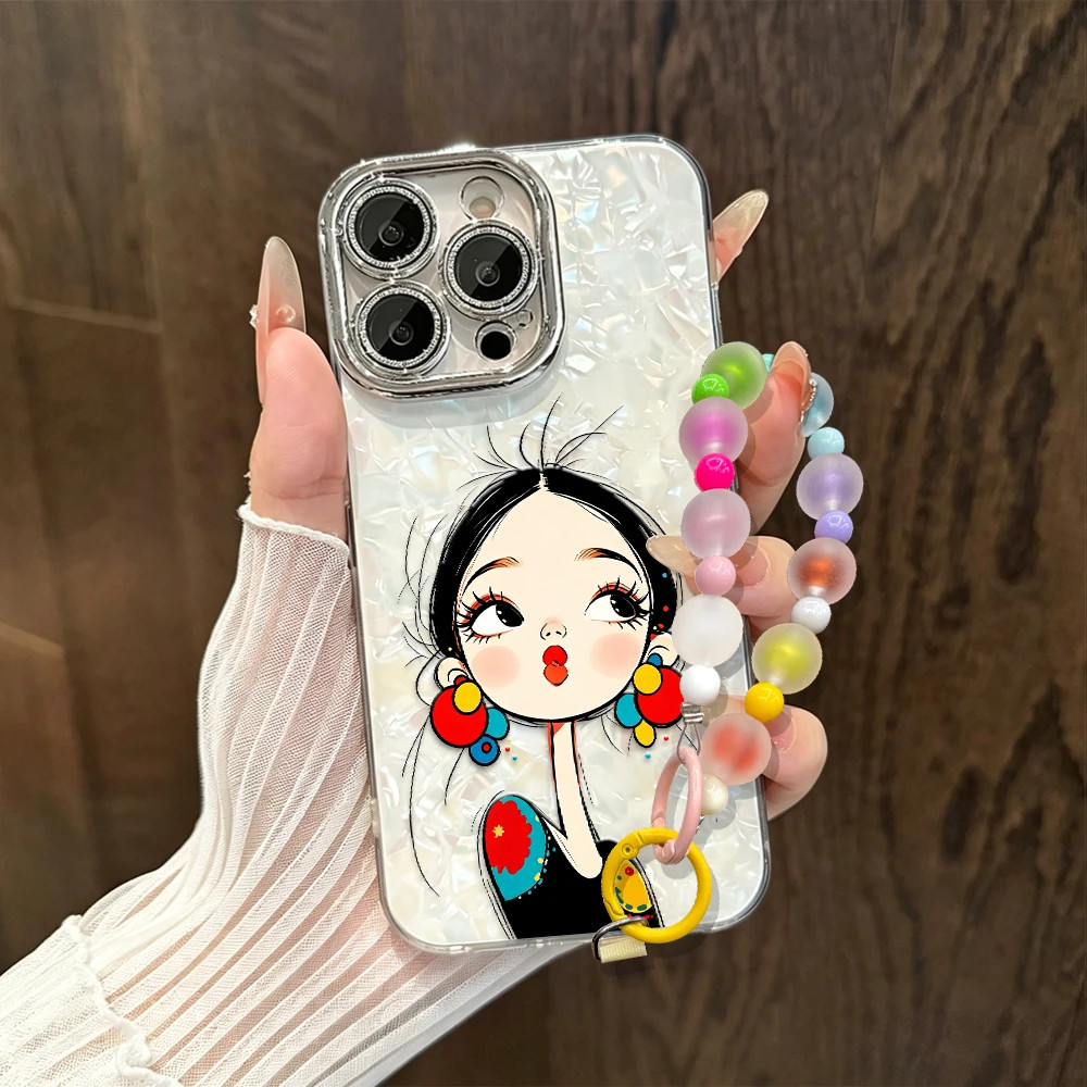 耳坠女孩挂绳适用苹果17promax贝壳纹天使眼手机壳iPhone16可爱卡通15plus小众14/13promax全包防摔壳12/11套