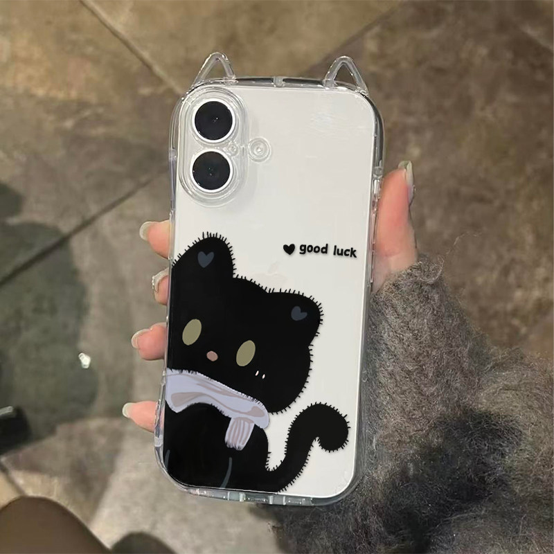 可爱围巾黑猫适用苹果16promax猫耳朵手机壳iPhone16pro新款16/15/14pro新款创意13pro透明12pro防摔11保护套