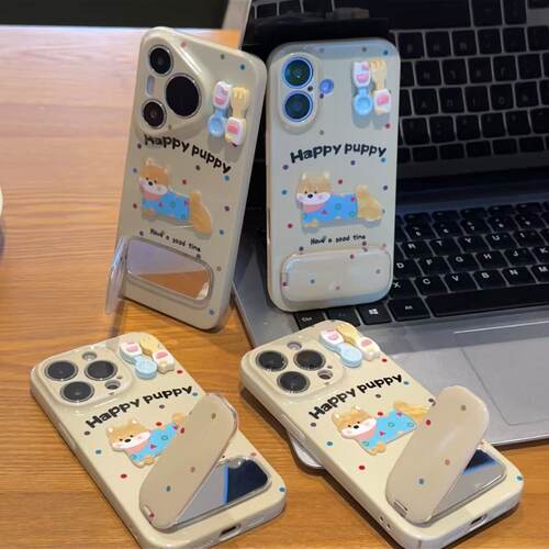 波点小狗镜子支架适用iPhone苹果17promax菲林手机壳16plus小众创意AIR全包防摔13pro华为P70vivo小米17oppo