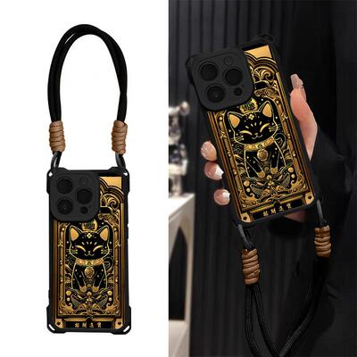 招财黑猫四角防摔羊毛壳适用苹果17promax手机挂绳壳iPhone16pro新款14/13/12男女11华为p70vivo小米15oppo套