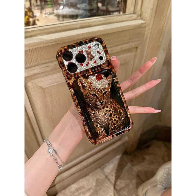 钻石纹樱桃小花豹适用苹果18promax/17手机壳iPhone16高级15ProMax小众创意14/13pro全包防摔12个性11保护套